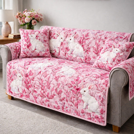 Pink Floral Bunny Quilted Sofa Cover Spring Flower Sofa Throw Cover Cottage Home Decor