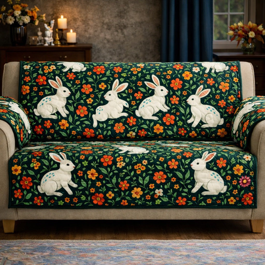 Black Floral Easter Bunny Quilted Sofa Cover Spring Bunny Couch Cover Holiday Home Decor