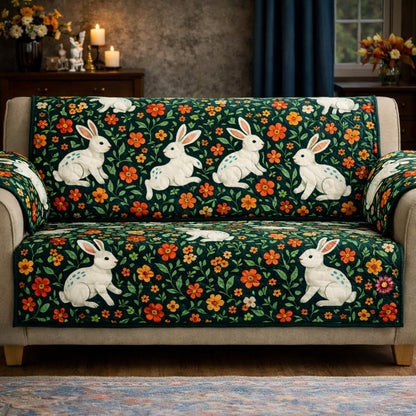 Black Floral Easter Bunny Quilted Sofa Cover Spring Bunny Couch Cover Holiday Home Decor