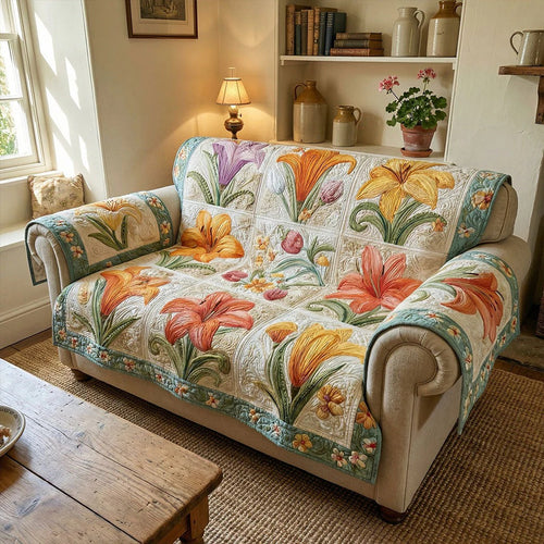 Colorful Lily Floral Quilted Sofa Cover Spring Flower Throw Cover  Gift For Grandma(2)