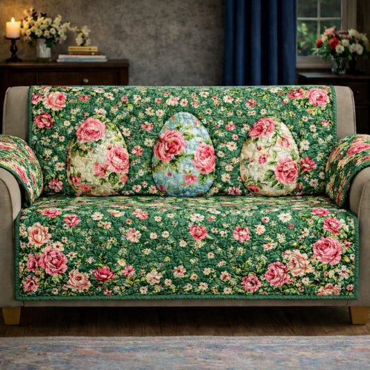 Vintage Floral Bunny Quilted Sofa Cover Spring Flower Couch Cover Cottage Home Decor