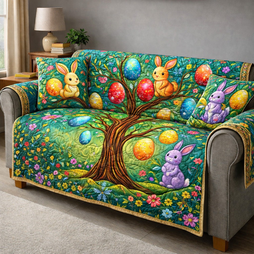 Tree Of Easter Eggs Quilted Sofa Cover Bunny Egg Sofa Slipcover Spring Gift For Family