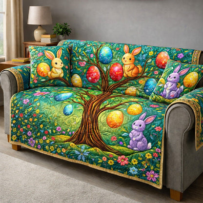 Tree Of Easter Eggs Quilted Sofa Cover Bunny Egg Sofa Slipcover Spring Gift For Family
