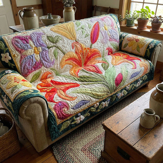 Colorful Floral Quilted Sofa Cover Cozy Living Room Spring Home Decor Unique Gift For Grandma