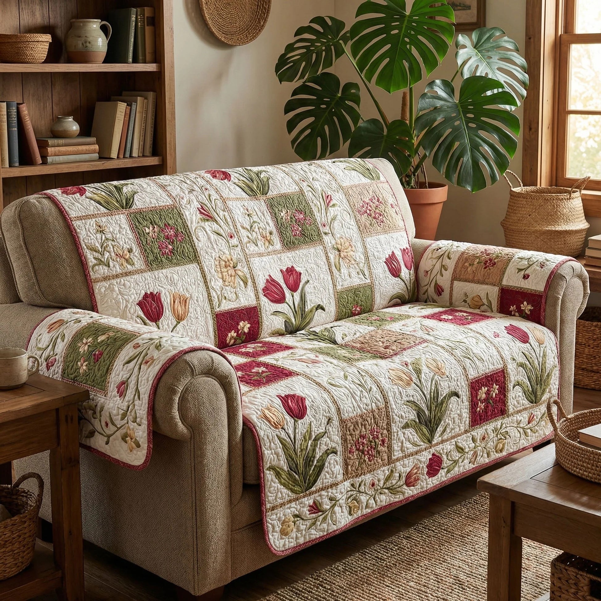 Spring Tulip Floral Quilted Sofa Cover Flower Couch Cover Holiday Gift For Wife