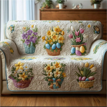 Easter Basket Flower Quilted Sofa Cover Spring Floral Couch Slipcover Holiday Home Decor