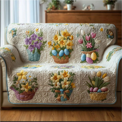 Easter Basket Flower Quilted Sofa Cover Spring Floral Couch Slipcover Holiday Home Decor