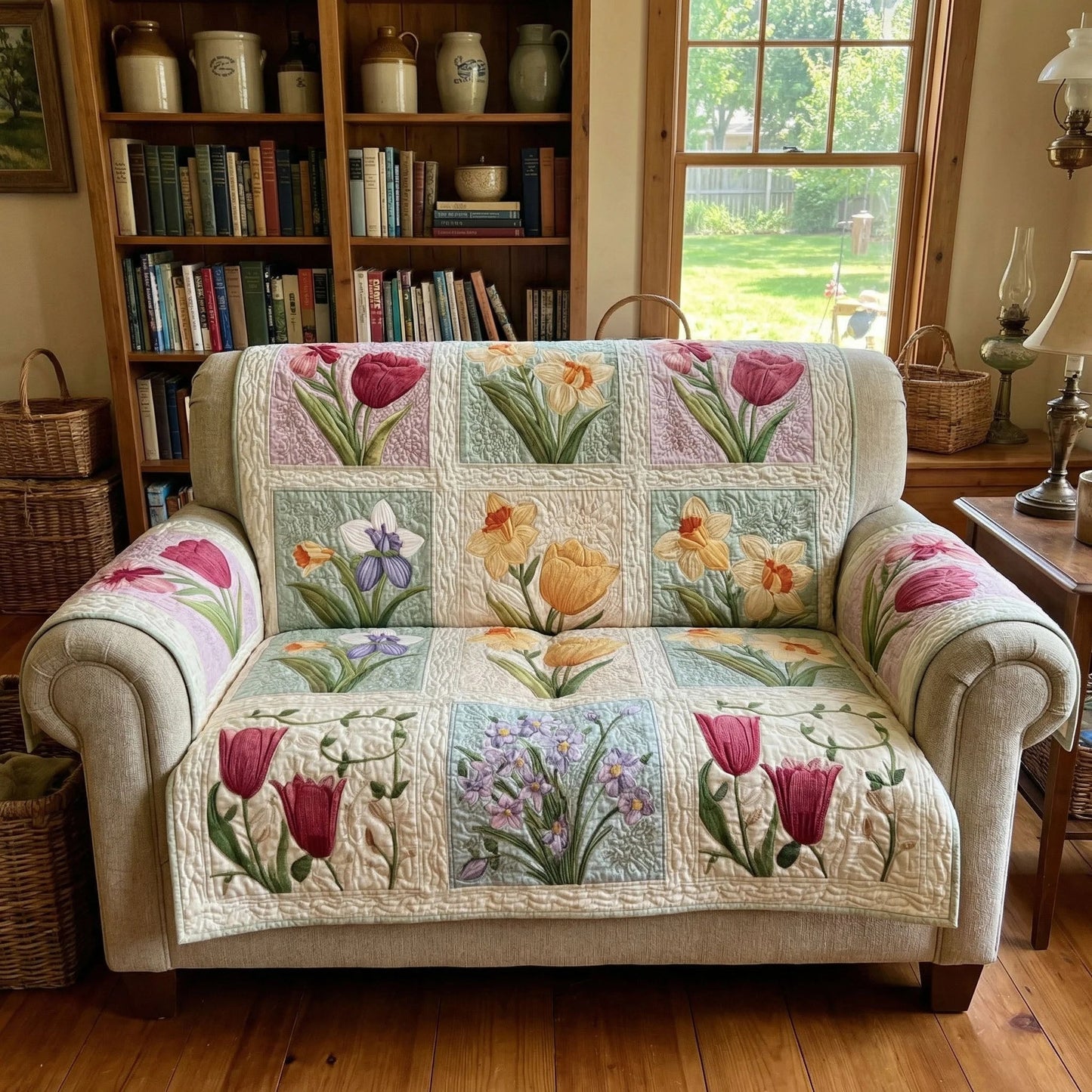 Spring Tulip Floral Quilted Sofa Cover Flower Couch Slipcover Unique Gift For Her