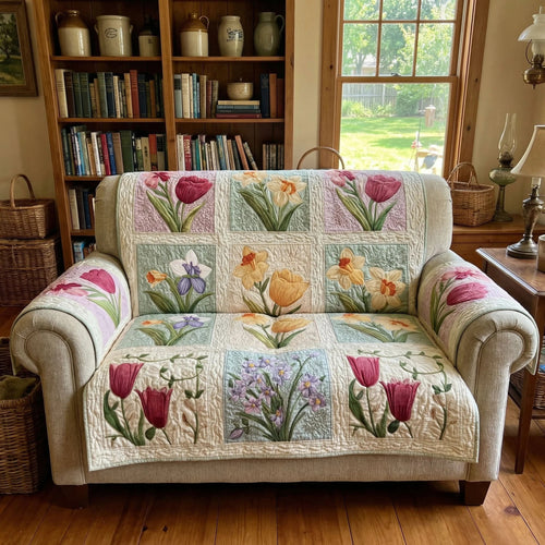 Spring Tulip Floral Quilted Sofa Cover Flower Couch Slipcover Unique Gift For Her
