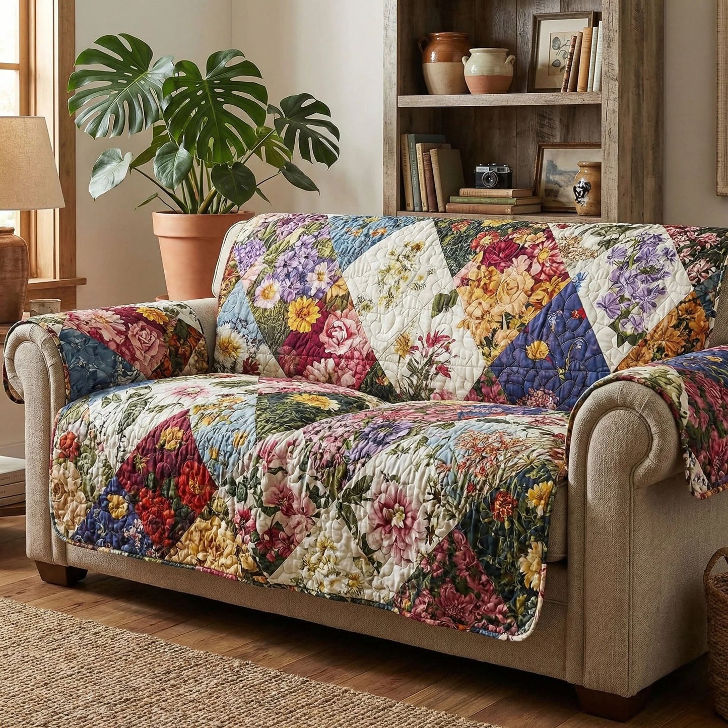 Boho Patchwork Floral Quilted Sofa Cover Colorful Flower Couch Slipcover Gift For Wife