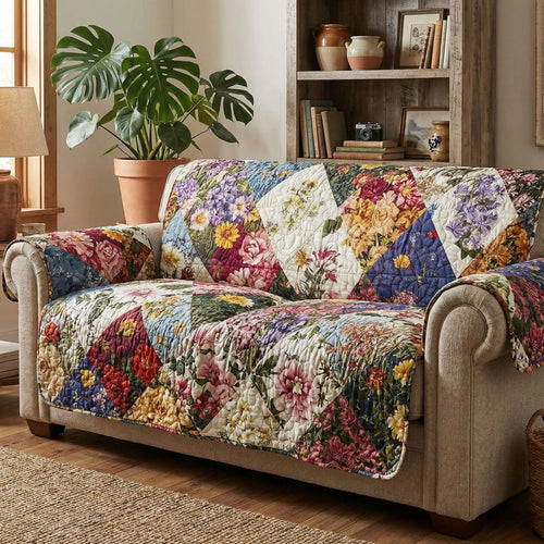 Boho Patchwork Floral Quilted Sofa Cover Colorful Flower Couch Slipcover Gift For Wife