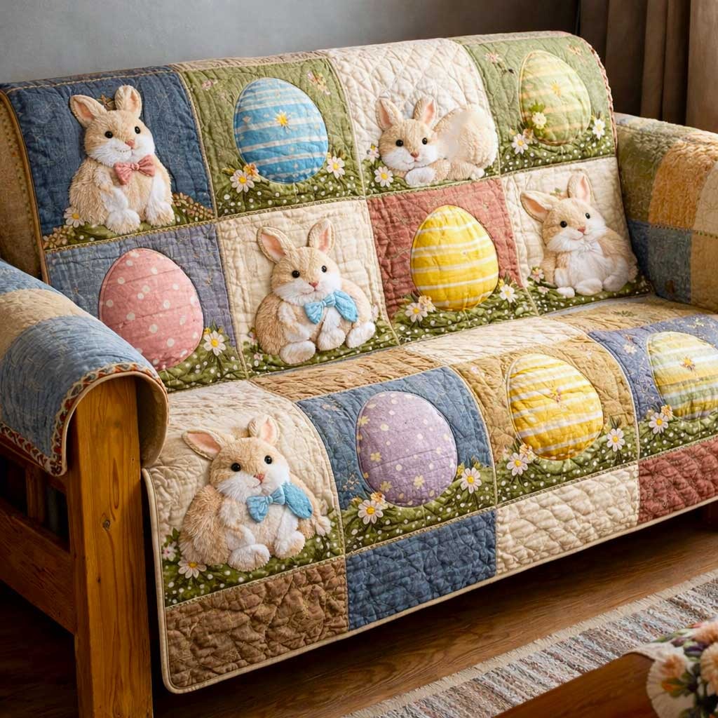 Cute Easter Bunny Patchwork Quilted Sofa Cover Bunny Egg Sofa Slipcover Easter Gifts For Her