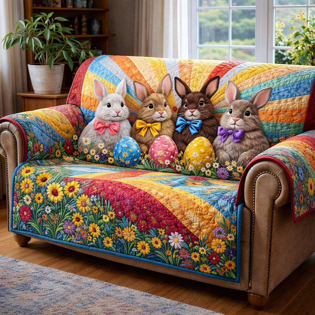 Cute Easter Bunny Patchwork Quilted Sofa Cover Spring Bunny Couch Cover Unique Gift For Kids