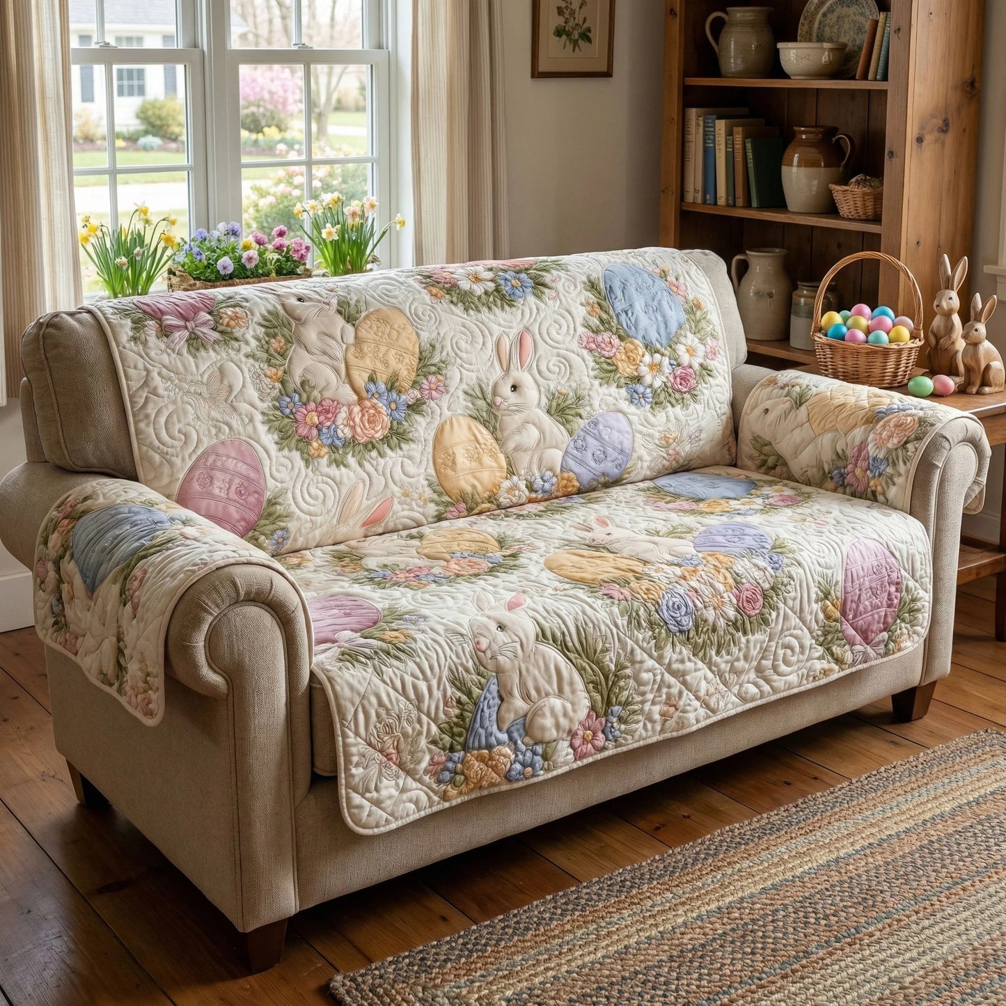 Cute Easter Bunny Quilted Sofa Cover Spring Bunny Couch Cover New Home Gifts