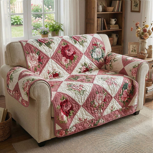 Vintage Rose Patchwork Quilted Sofa Cover Floral Couch Cover Farmhouse Decor Gift For Mom