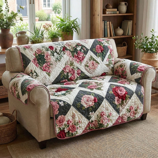 Vintage Rose Patchwork Quilted Sofa Cover Floral Couch Cover Farmhouse Decor Gift For Her
