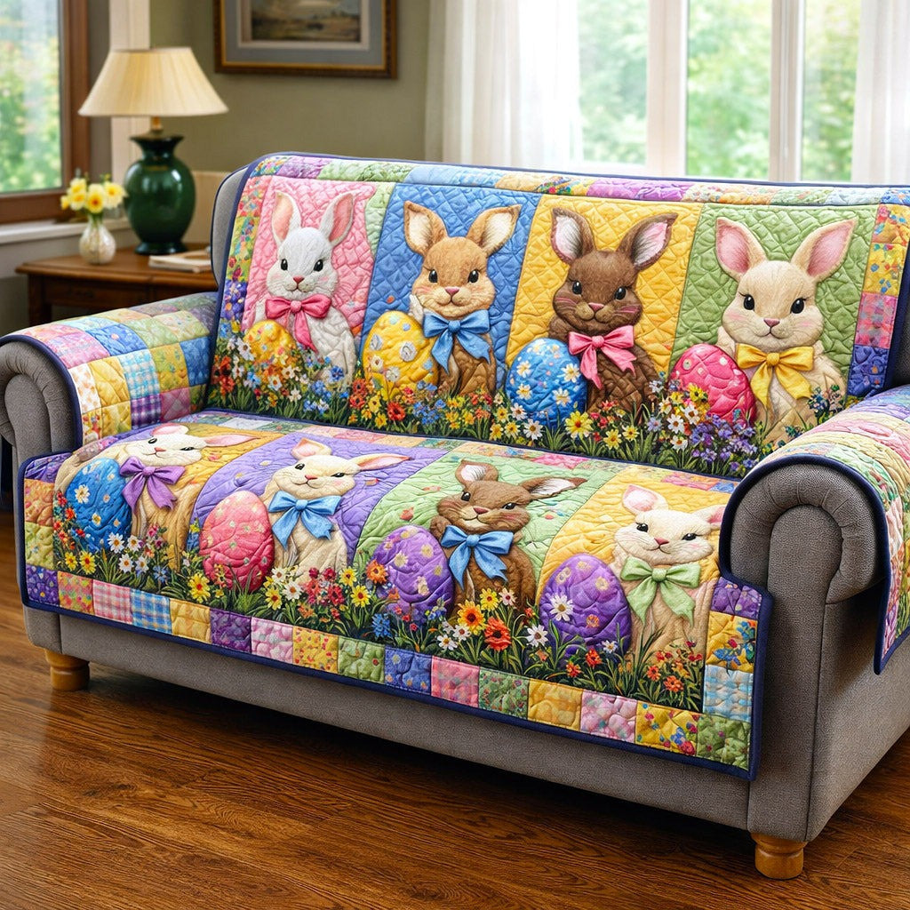 Colorful Easter Bunny Egg Quilted Sofa Cover Spring Bunny Sofa Protector Cute Easter Gift Items