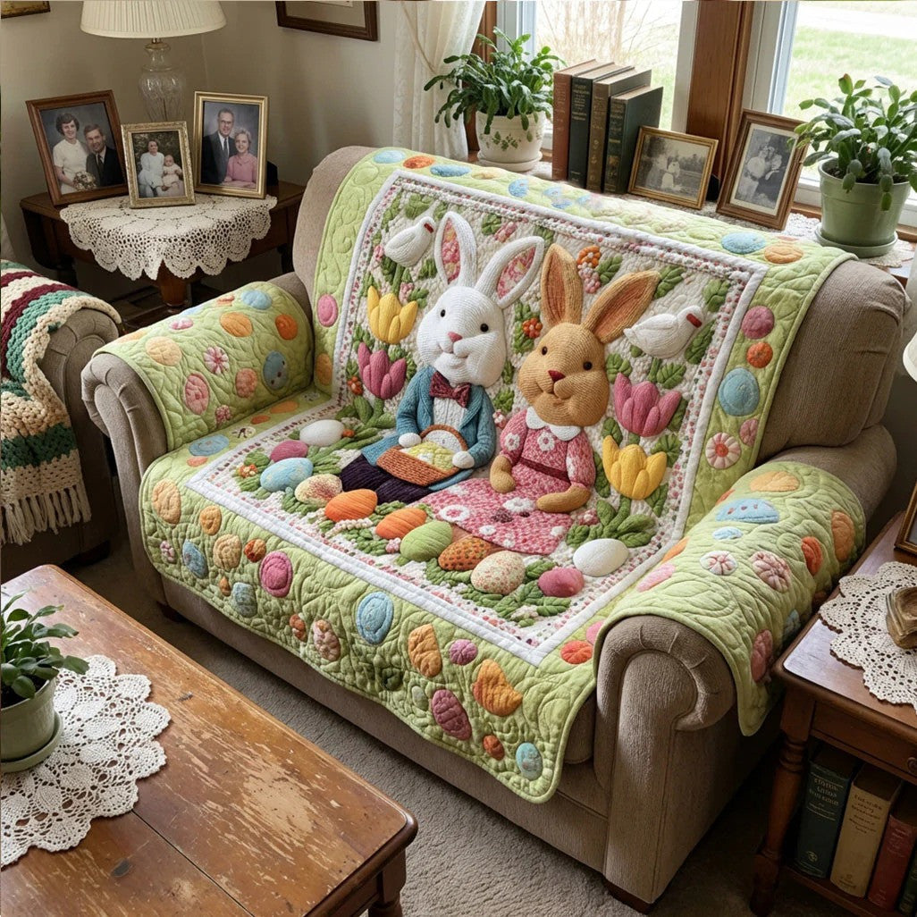 Easter Bunny Quilted Sofa Cover Cute Rabbit Couple Couch Cover Spring Living Room Decor_