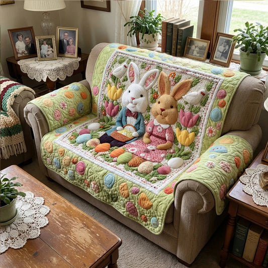 Easter Bunny Quilted Sofa Cover Cute Rabbit Couple Couch Cover Spring Living Room Decor_