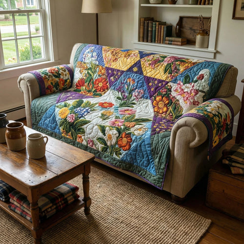 Bright Lily Floral Quilted Sofa Cover Spring Flower Couch Cover Cozy Room Decor Gift For Her