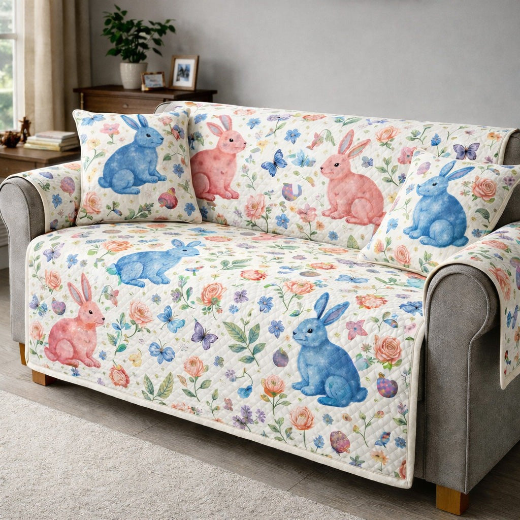 Pastel Easter Bunny Floral Quilted Sofa Cover Spring Bunny Sofa Protector Cute Easter Gifts For Wife
