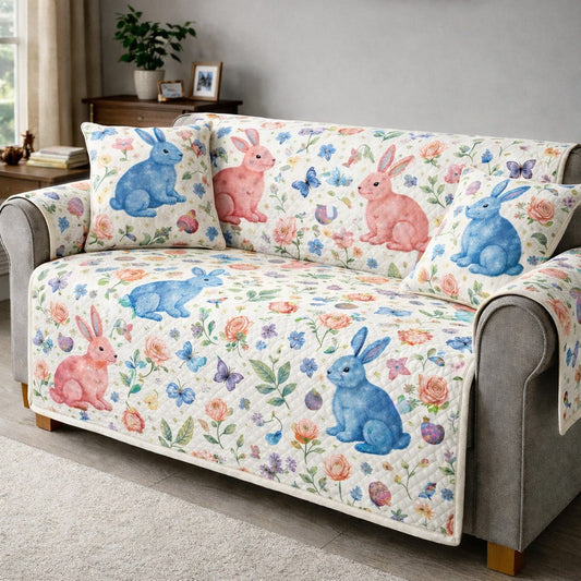 Pastel Easter Bunny Floral Quilted Sofa Cover Spring Bunny Sofa Protector Cute Easter Gifts For Wife