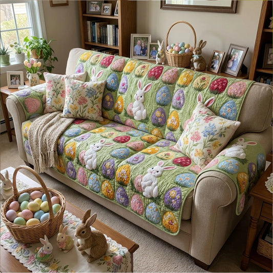 Colorful Easter Patchwork Quilted Sofa Cover Bunny Egg Couch Cover Spring Home Decor Gift For Mom