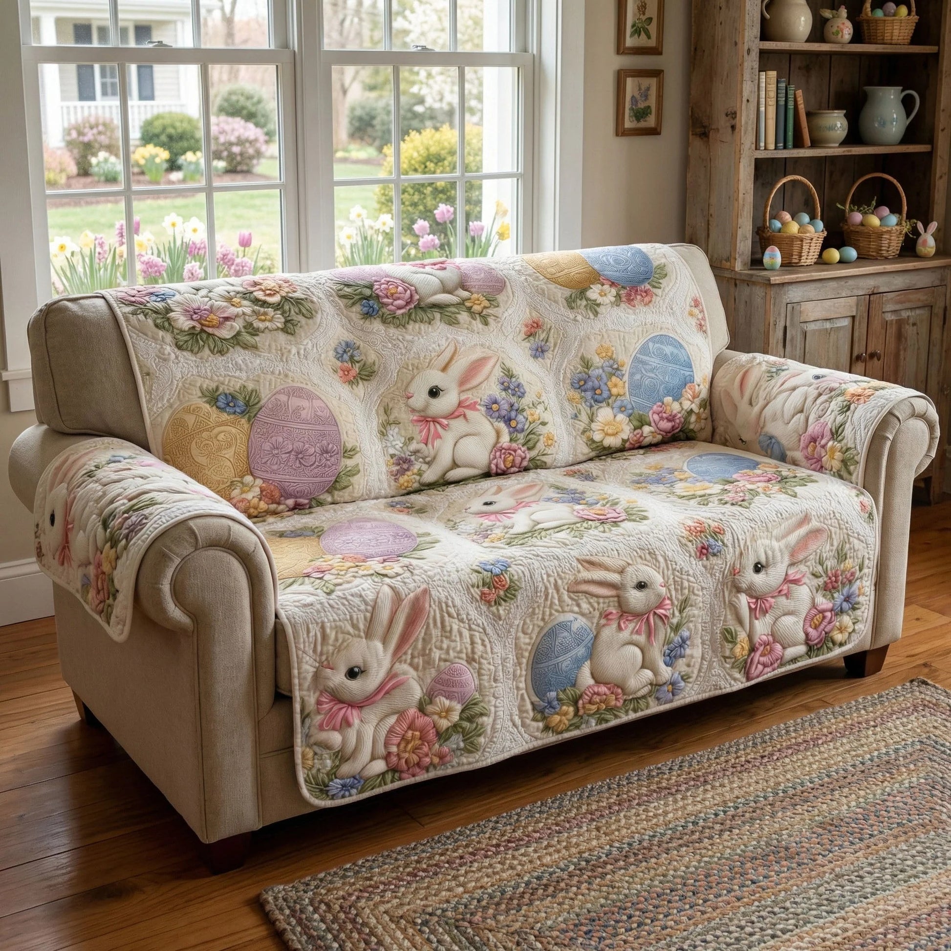 Sweet Spring Rabbits Eggs Quilted Sofa Cover Holiday House Decorations Best Easter Presents