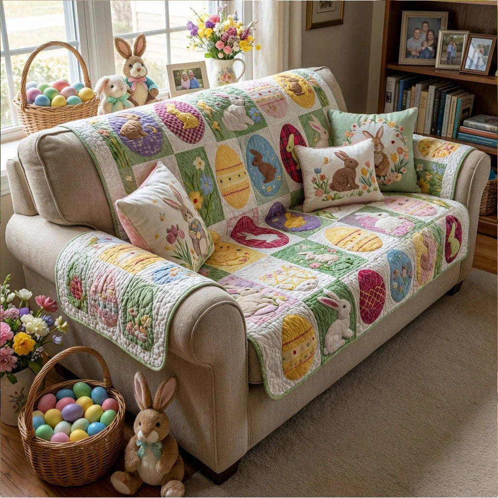 Easter Patchwork Sofa Cover Bunny Egg Quilt Couch Cover Unique Gift For Grandma