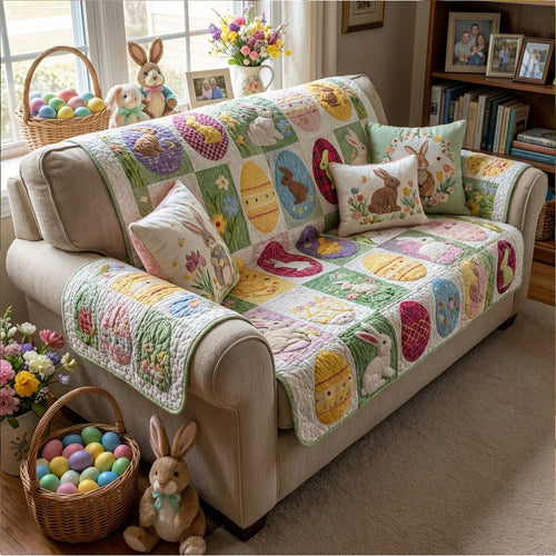 Easter Patchwork Sofa Cover Bunny Egg Quilt Couch Cover Unique Gift For Grandma