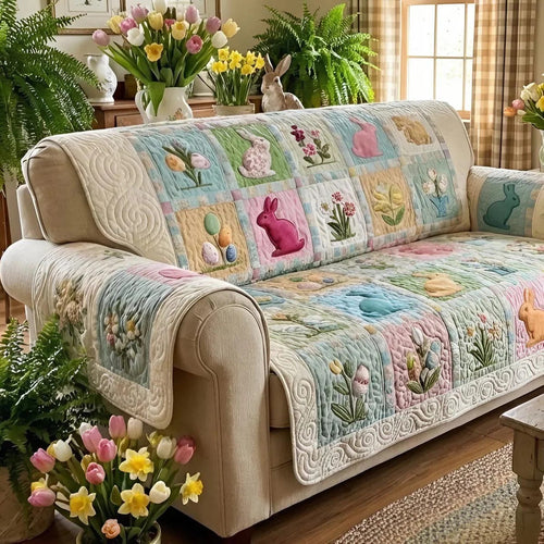 Pastel Easter Bunny Quilted Sofa Cover Spring Bunny Couch Cover Holiday Decor Family Gift_