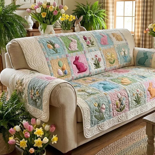 Pastel Easter Bunny Quilted Sofa Cover Spring Bunny Couch Cover Holiday Decor Family Gift_