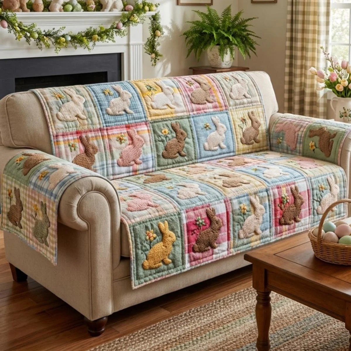 Cute Easter Bunny Patchwork Quilted Sofa Cover Spring Bunny Couch Cover Holiday Home Decor