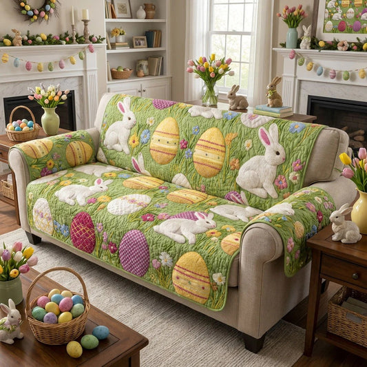 Pastel Easter Bunny Quilted Sofa Cover Spring Bunny Sofa Throw Cover Holiday Home Decor