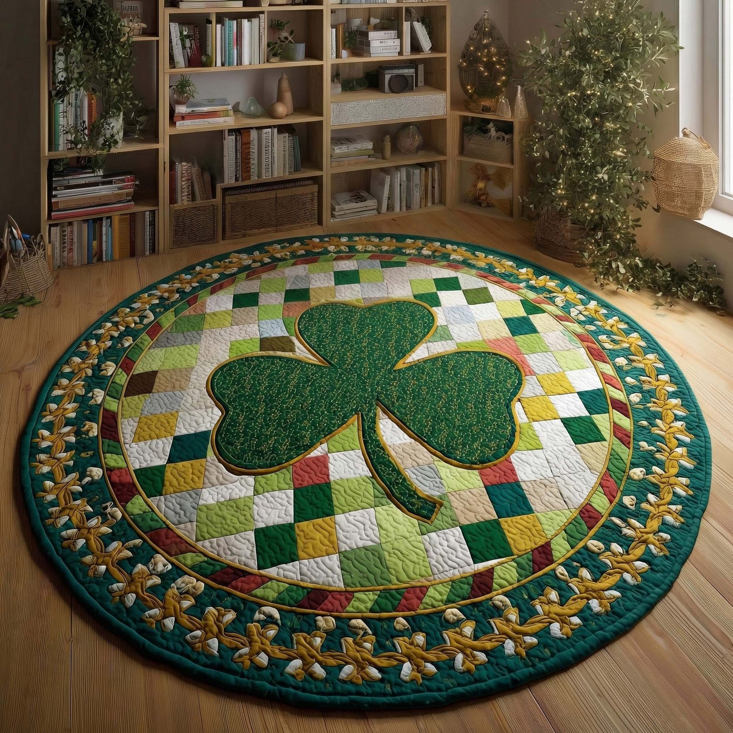 Shamrock Lucky Mosaic Quilted Round Mat St Patrick Clover Circular Rug Gifts For Irish - Printvoro