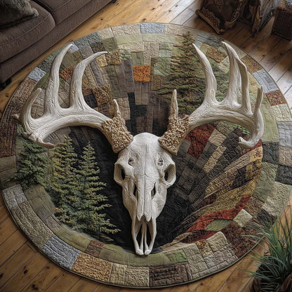 Longhorn Deer Serenity Quilted Round Mat Rustic Circle Round Rugs Gifts For Deer Hunter - Printvoro