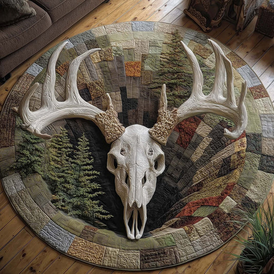 Longhorn Deer Serenity Quilted Round Mat Rustic Circle Round Rugs Gifts For Deer Hunter - Printvoro