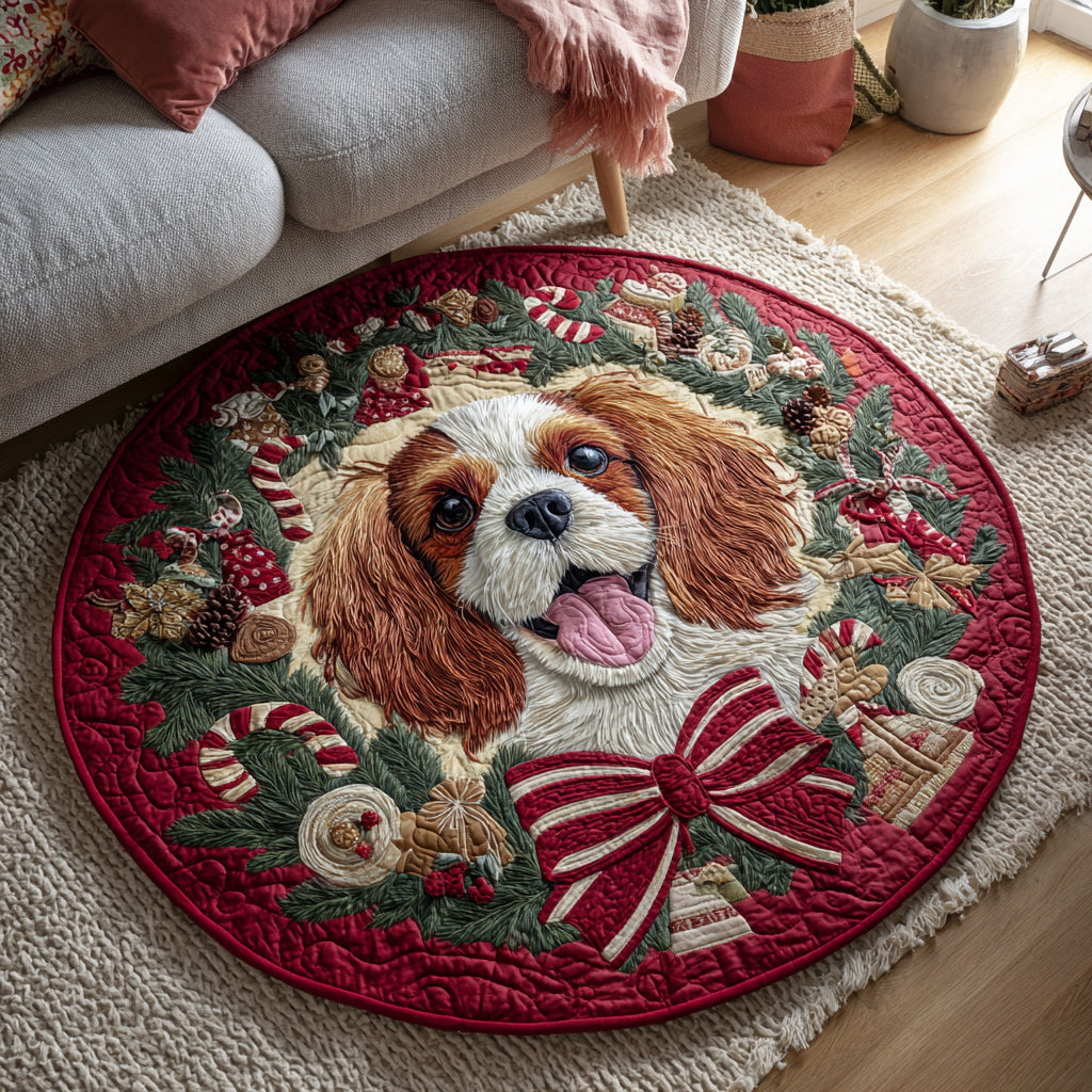 Dog Wreath King Charles Quilted Round Mat Xmas Home Decor Christmas Gifts For Dog Owners