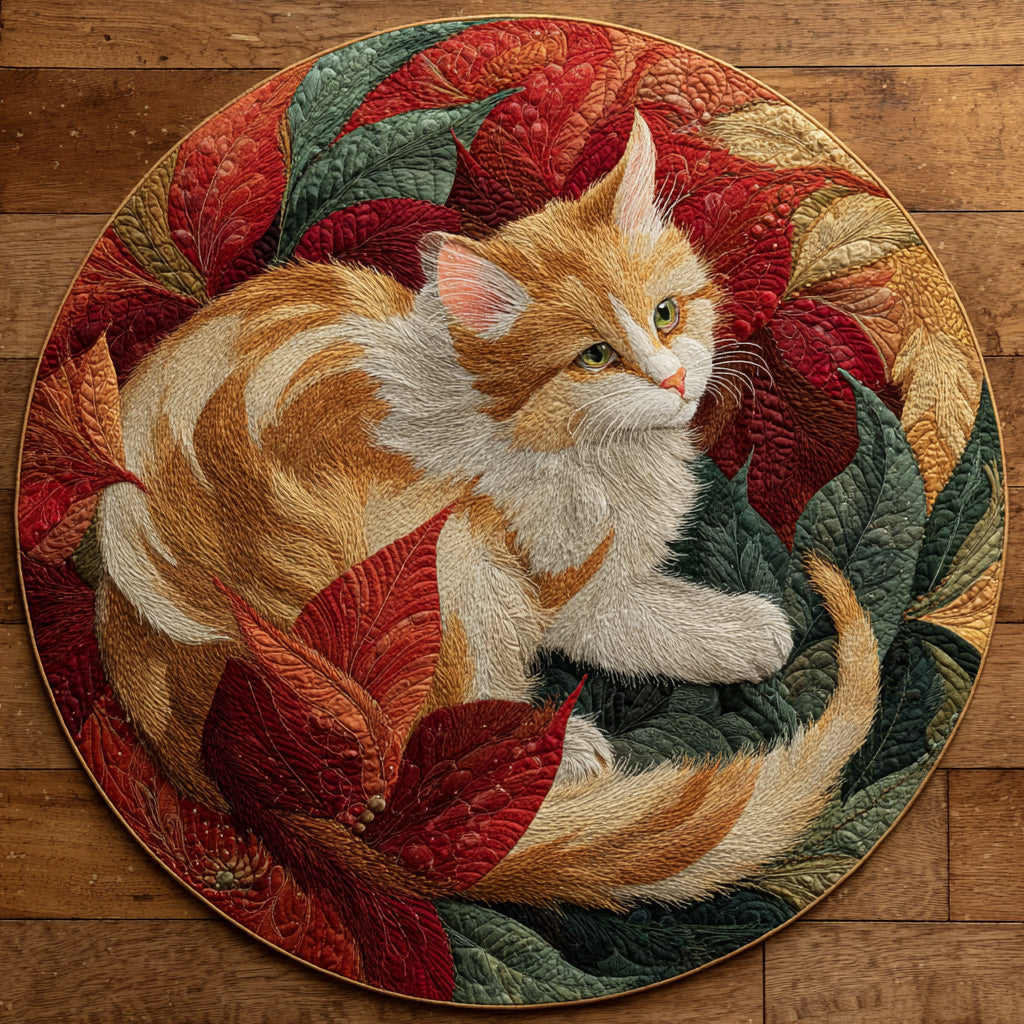 Cat Poinsettia Dream Quilted Round Mat Christmas Themed Winter Home Decor Cat Gifts For Christams