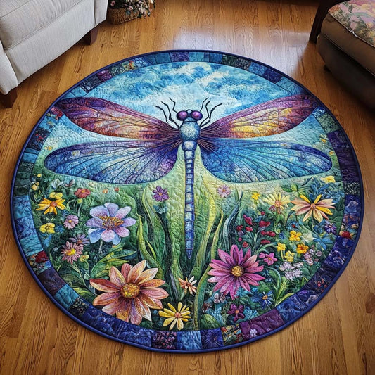 Glittering Flight Quilted Round Mat Flower Design Natural Home Decor Gift For Dragonfly Lovers
