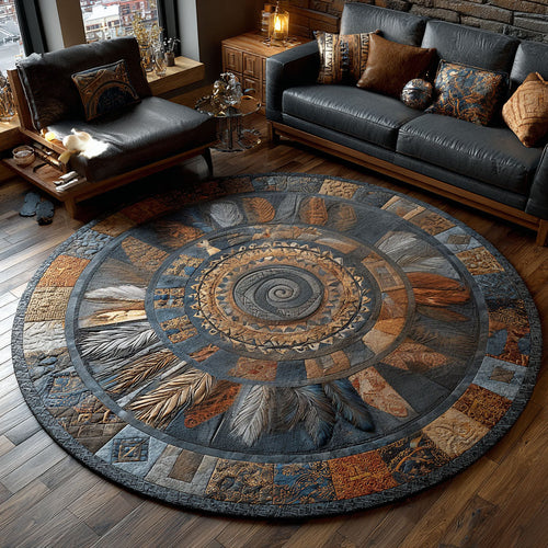 Ancient Feathers Quilted Round Mat Native Style Boho Home Decor Gifts For Native Supporters