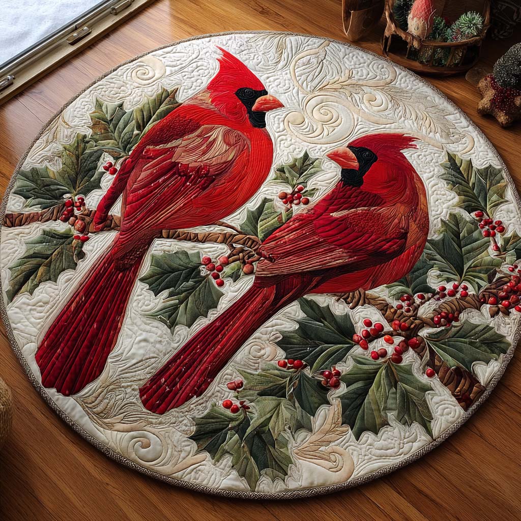 Cardinals Of Love Quilted Round Mat Winter Themed Christmas Home Decor Cardinal Lover Xmas Gifts