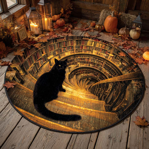 Black Cat Lantern of Secrets Quilted Round Mat Rustic Home Decor Cat Lover Presents