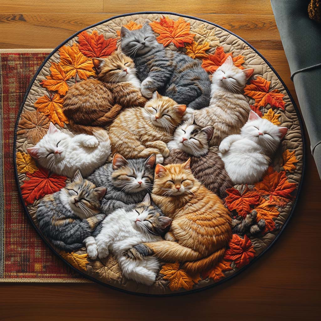 Autumn Cat Cuddling Quilted Round Mat Cozy Home Decor Unique Gifts For Kitty Lovers