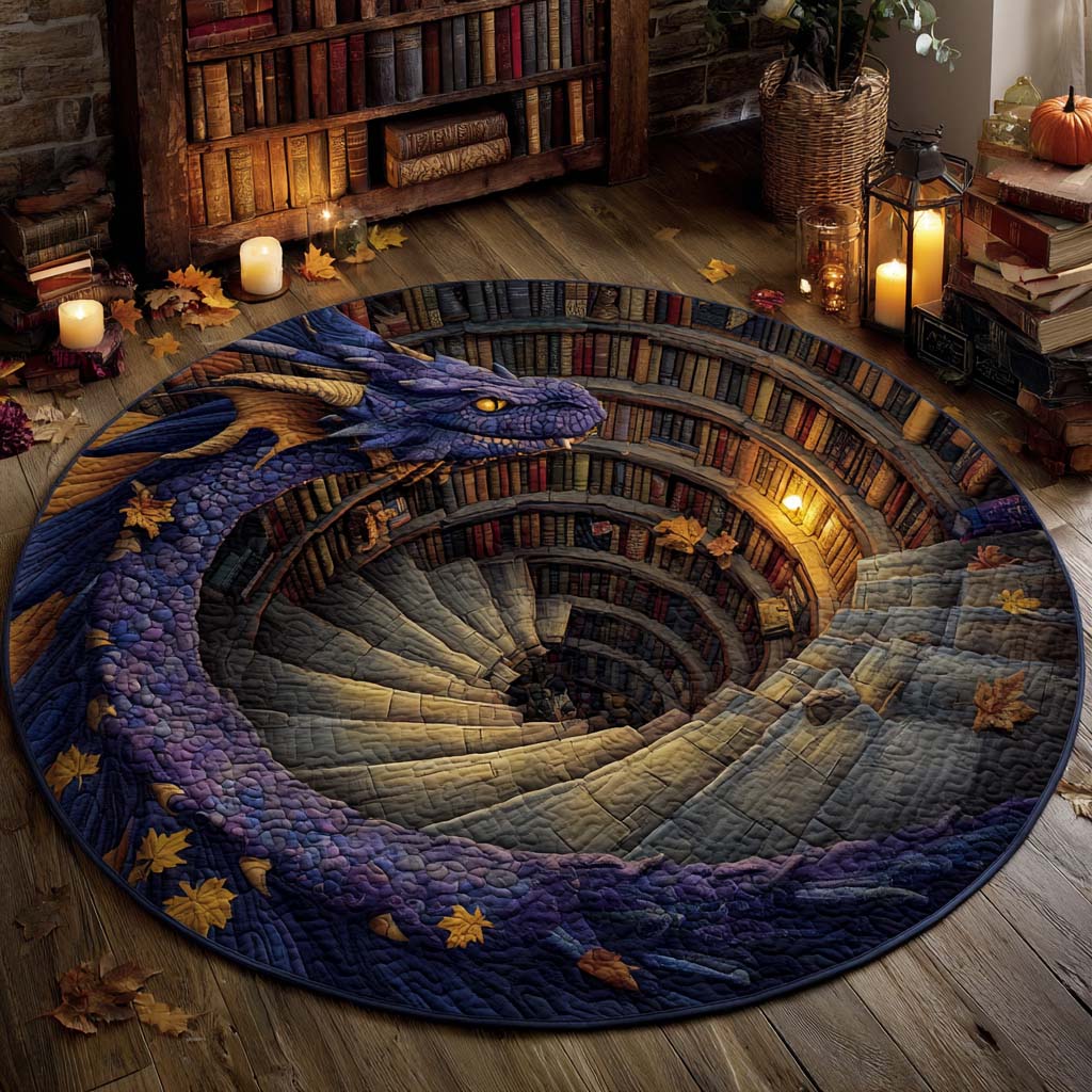 Dragon Spiral Watcher Quilted Round Mat Fantasy Themed Interior Decor Accents Dragon Lover Gifts