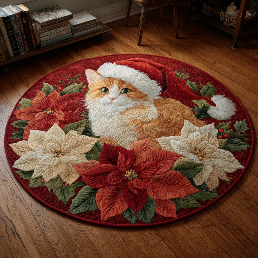 Cat Crimson Noel Charm Quilted Round Mat Christmas Themed Animal Home Decor Cat Xmas Gifts