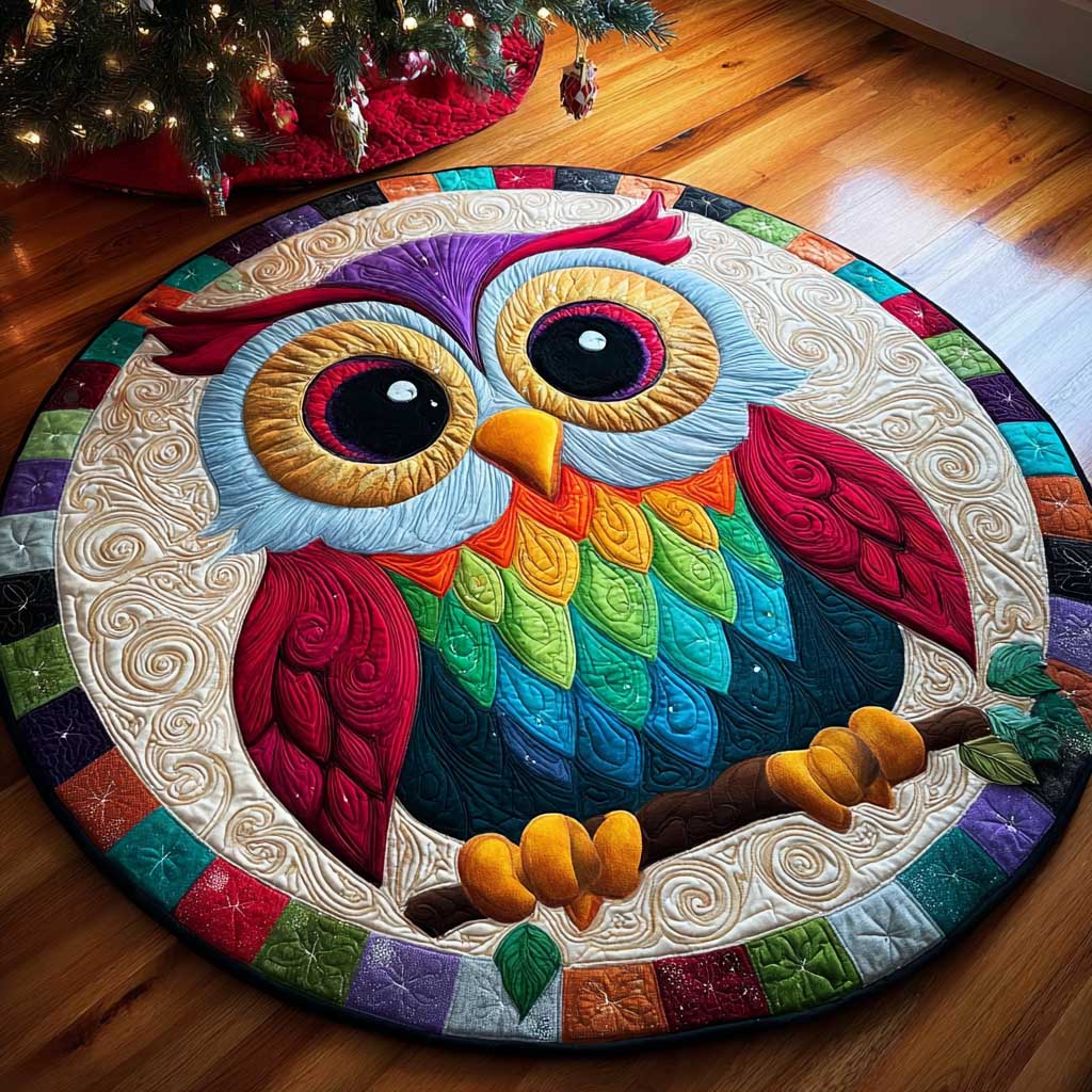 Colorful Feather Owl Quilted Round Mat Xmas Home Decor Owl Lover Christmas Gifts