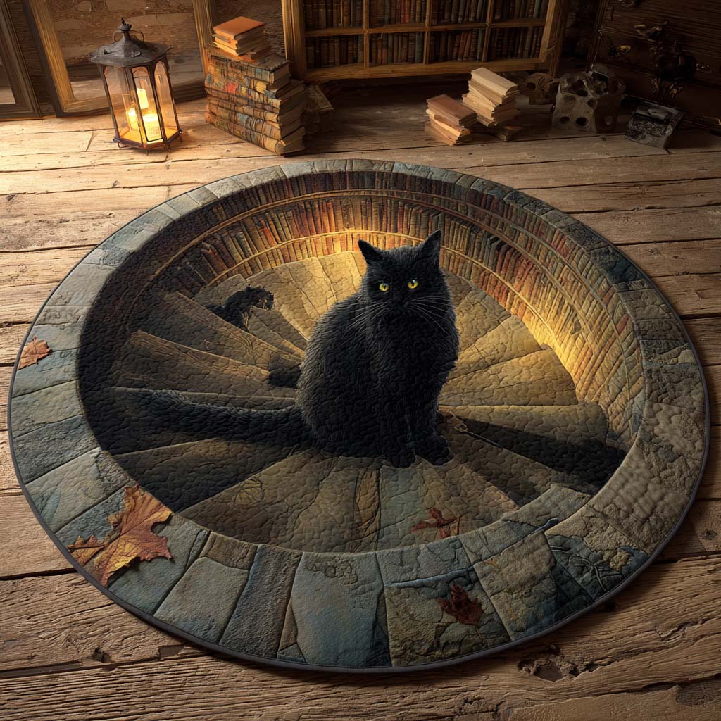 Black Cat Sentinel Of The Stairs Quilted Round Mat Home Decor Christmas Gifts For Cat Lovers