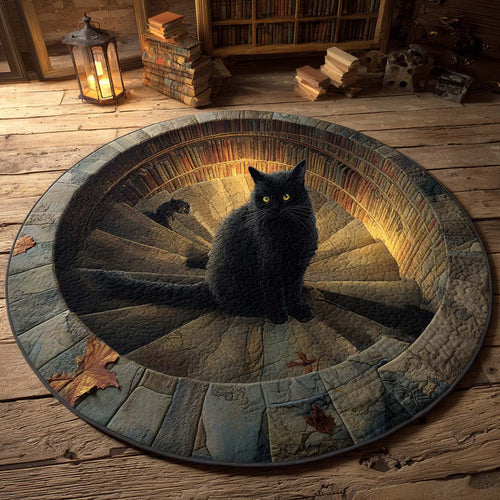 Black Cat Sentinel Of The Stairs Quilted Round Mat Home Decor Christmas Gifts For Cat Lovers