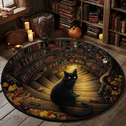 Black Cat Library Quilted Round Mat Fall Themed Cozy Home Decor Cat Lover Presents